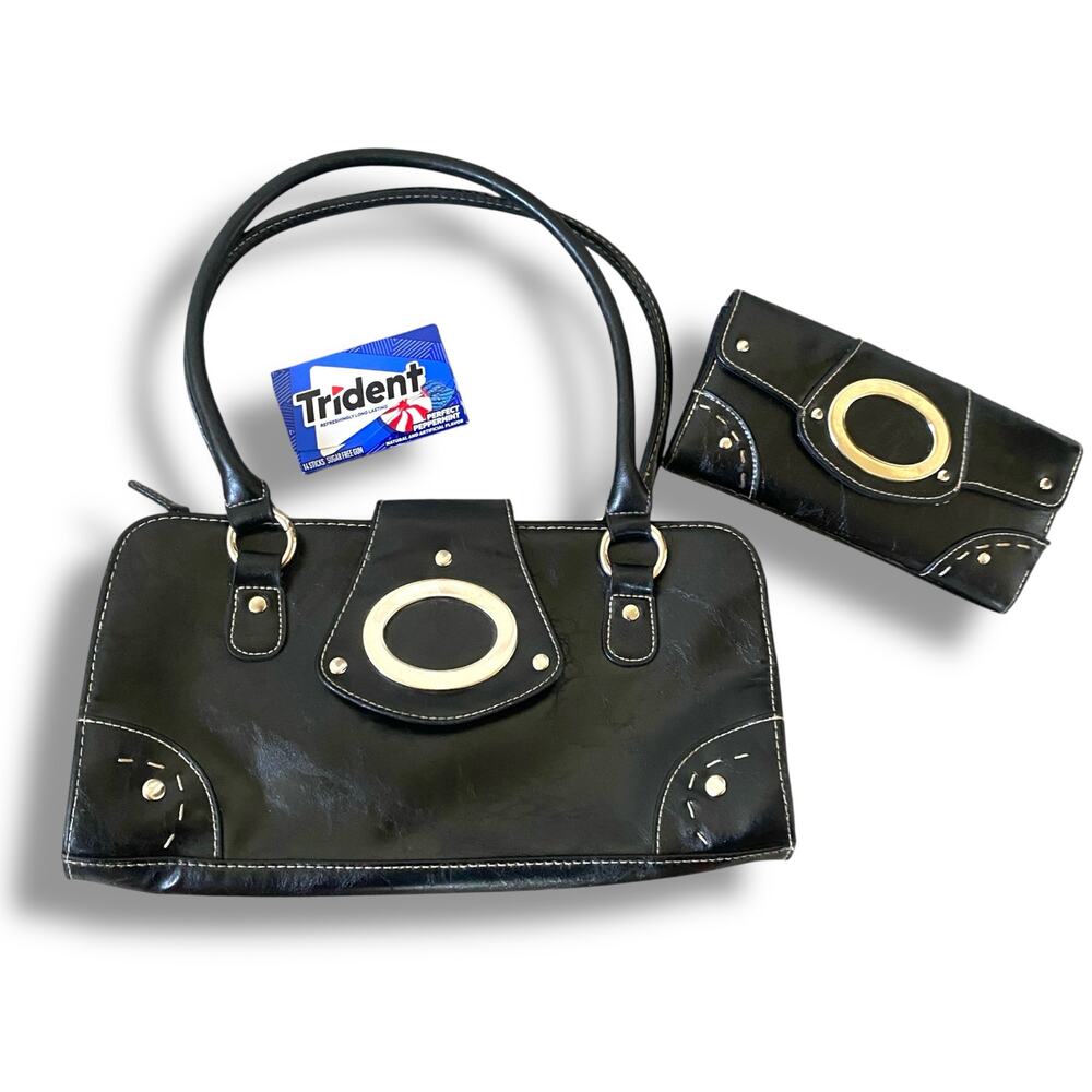Y2k Flap Front Shoulder Bag Purse & Wallet Black Faux Leather Silver East West